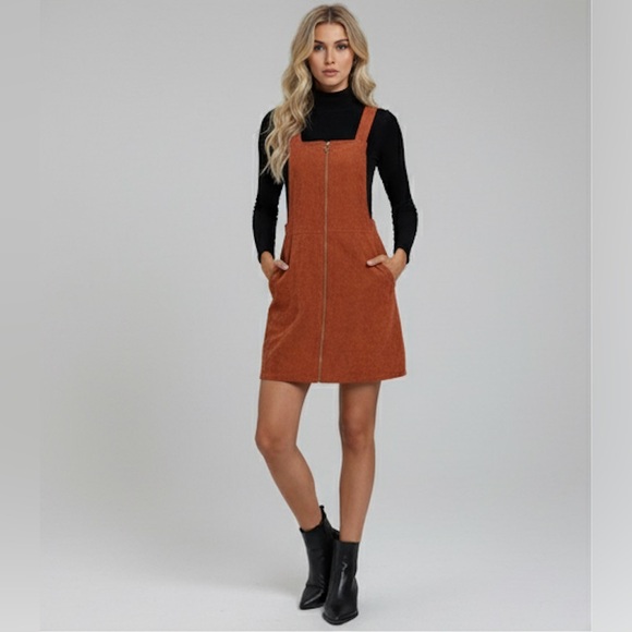 Zip Up Corduroy Overall Dress Rust - Picture 1 of 9